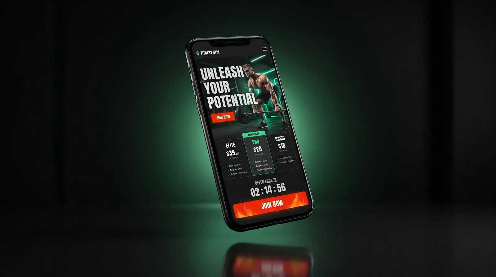 Fitness gym landing page on a smartphone