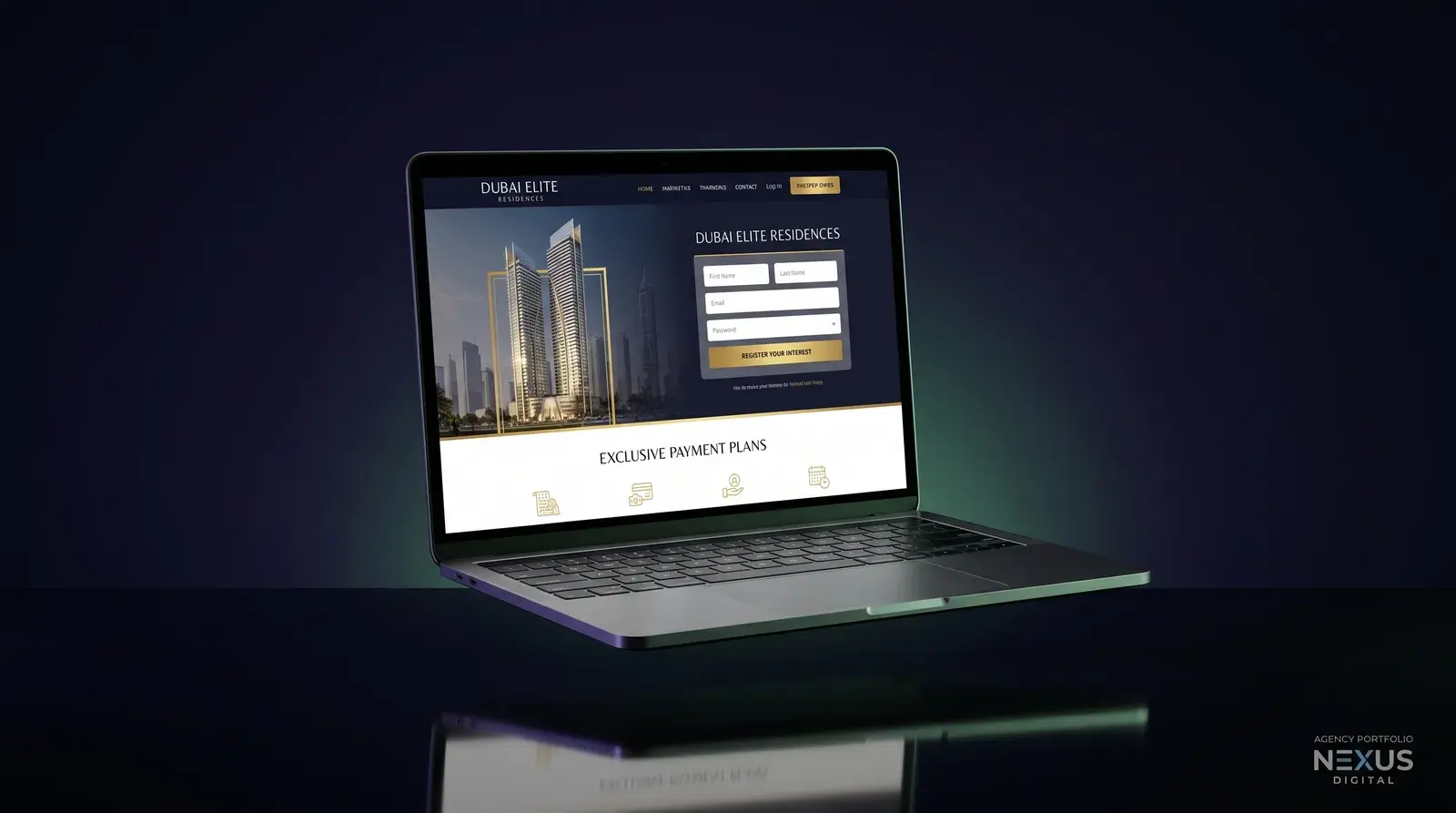 Luxury property launch landing page on a laptop