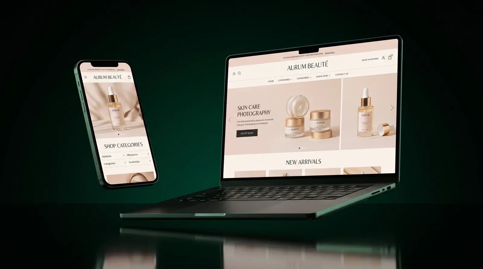 Beauty and cosmetics online store on phone and laptop